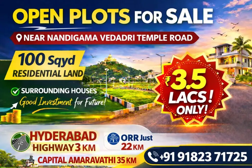 Open plots for sale in Vijayawada near Nandigama Vedadri Temple Road
100 Sqyd residential plots in Vijayawada near Hyderabad Highway
Affordable open plots in Vijayawada near Amaravathi capital region
Residential land for sale in Vijayawada with surrounding houses
Investment plots in Vijayawada Andhra Pradesh