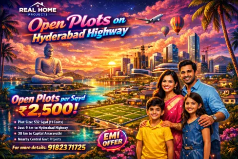 Open plots in Vijayawada near Hyderabad highway for 3.5 lakhs by Real Home Projects with EMI offer and Amaravathi proximity
